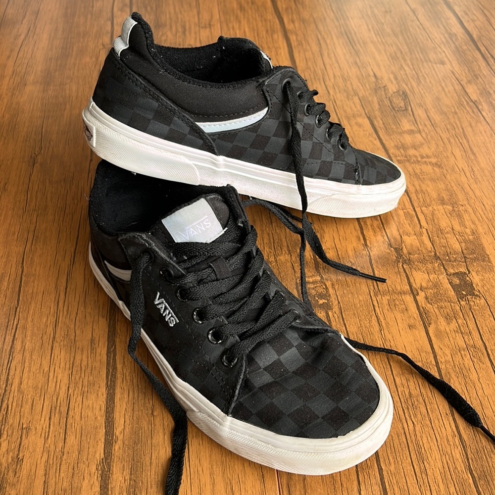 Vans black/grey checkerboard, light blue stripes, Women’s 7.5